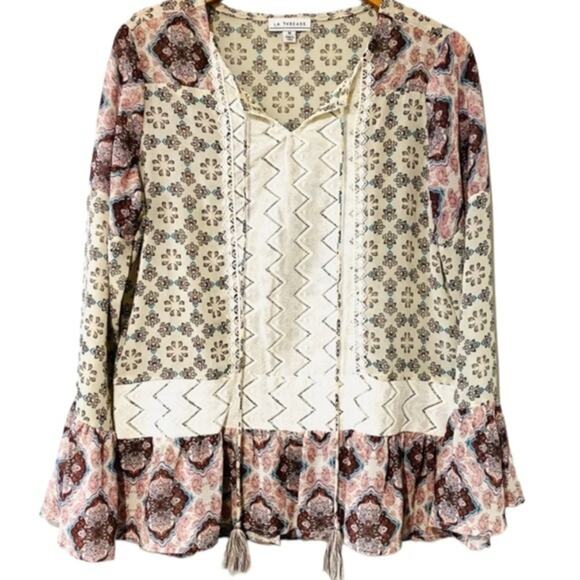 LA Threads Bohemian Blouse Women’s Size L Sheer Mixed Media Blouse Bell Sleeves - Picture 1 of 8